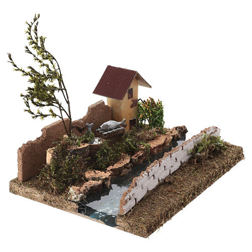 Casa cerca del río con peces y pared para belén 6 cm 15x20x15 cm 4