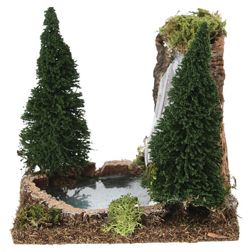 Alpine pond figurine with waterfall and pines 15x15x15 cm for 6 cm nativity scenes 2