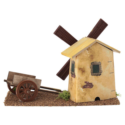 Mulino a vento finto con carretto in legno 10x20x10 cm per presepe 6 cm 4