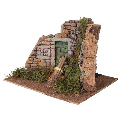 Rustic plaster corner with flickering light for 8 cm Nativity Scene, 15x20x16.5 cm 3