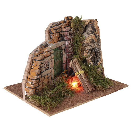 Rincón rústico de yeso con fuego parpadeante para belén 8 cm 15x20x15 cm 2