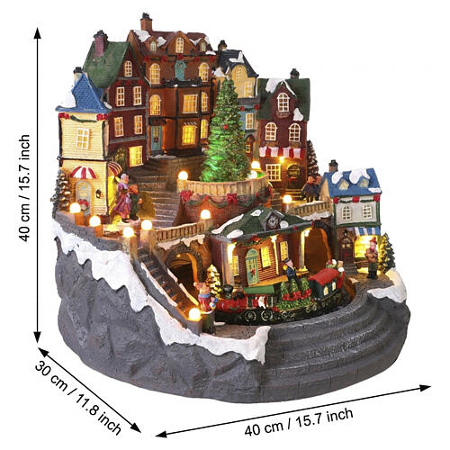 Pueblo navideño 40x40x30 cm ciudad con tren y árbol en movimiento LED multicolores y música 3