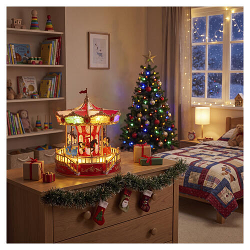 Pueblo de Navidad carrusel caballos con movimiento, música LED multicolores 30x25 cm 2