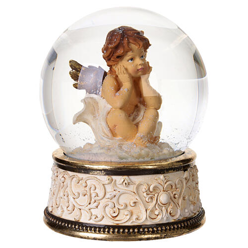Music box with glass globe and pensive angel, 7.7x6.1 in 5