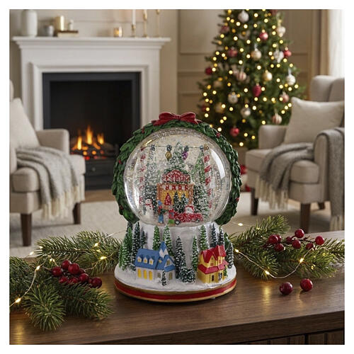 Christmas village with tree shop in musical snow globe, 7.7x5.9 in 2