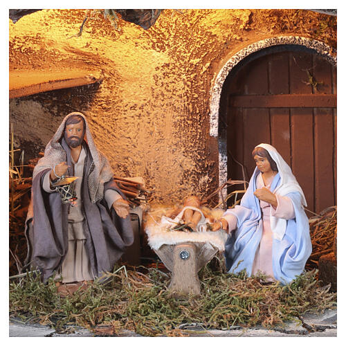 Capanna illuminata con Natività in movimento presepe napoletano 10 cm 30x30x20 3