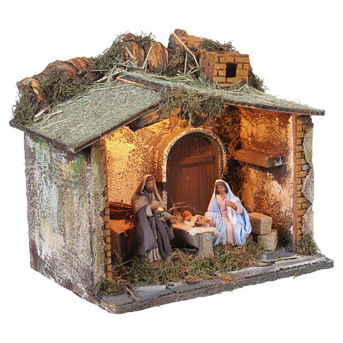 Capanna illuminata con Natività in movimento presepe napoletano 10 cm 30x30x20 4