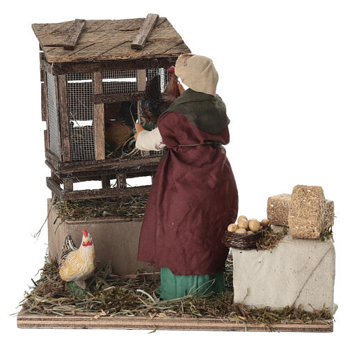 Kurnik z kurami - scena 20×20×15 cm z mechanizmem ruchu, do szopki neapolitańskiej 16–18 cm 5