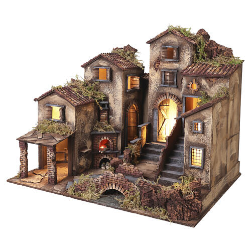 Borgo illuminato con forno presepe napoletano 14 cm 65x80x60 cm 4
