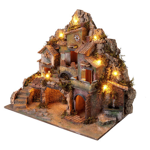 Aldeia iluminada 45x50x30 cm com fontanário funcionante presépio napolitano 6 cm 4