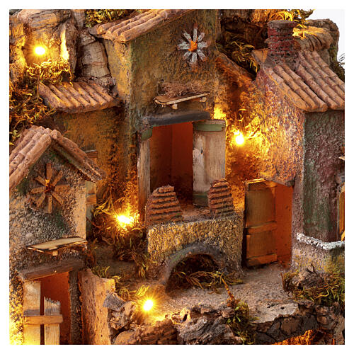 Aldeia iluminada 45x50x30 cm com fontanário funcionante presépio napolitano 6 cm 7