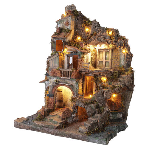 Borgo illuminato 85x65x45 cm fontana funzionante e forno presepe Napoli 10-12 cm 4