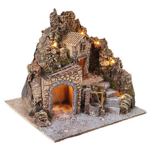 Neapolitan Nativity Scene with house and illuminated fountain, 40x45x40 cm, for 8 cm figures 4