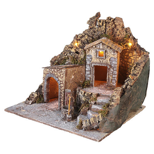 Crèche napolitaine avec maison et fontaine éclairée 40x45x40 cm pour santons de 8 cm 3