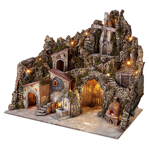 Village éclairé pour crèche napolitaine 12 cm avec moulin et fontaine animés 70x80x70 cm 3