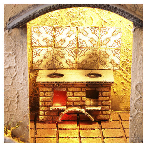 Presepe con cucina e fontana tra rocce 110x70x50 cm presepe napoletano 14-16 cm illuminato 2