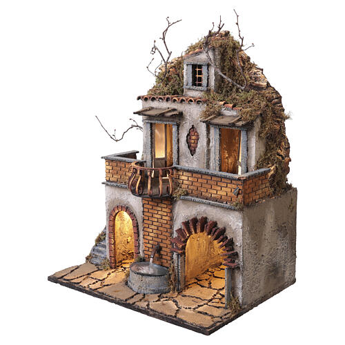 Nativity village with central fountain and left staircase 55x40x30 cm Neapolitan nativity 10 cm 2