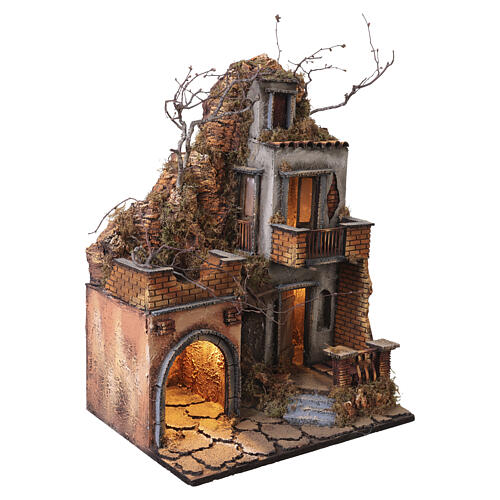 Presepe con borgo rustico e balcone con luci 55x40x30 cm presepe napoletano 10 cm 2