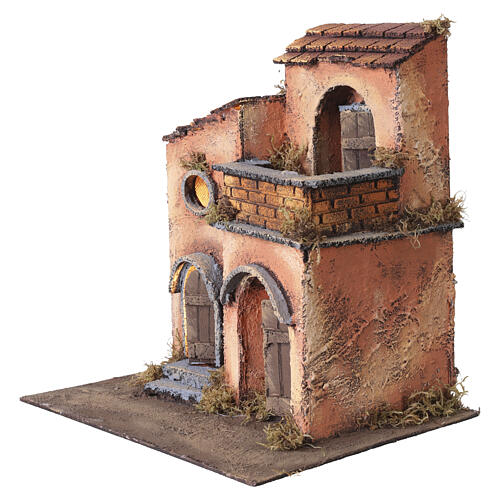 Maisonnette avec balcon et double entrée éclairée 25x25x20 cm crèche napolitaine 4-6 cm 2