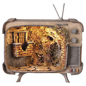 Vintage television with illuminated scenography 25x25x10 cm Neapolitan nativity scene 7 cm