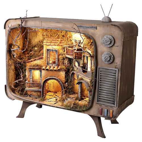 Televisor de madeira com aldeia e moinho 66x60x20 cm para presépio napolitano 7 cm 3