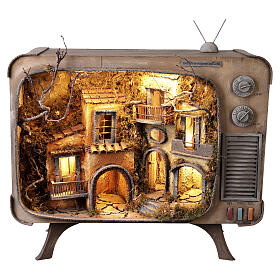Wooden vintage TV with village and mill 66x60x20 cm Neapolitan nativity 7 cm