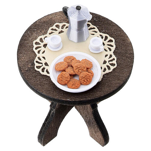 Kaffeetisch-Set aus Holz mit zwei Stühlen, 6 × 4,5 × 3 cm, für 10 cm Krippe, neapolitanischer Stil 2