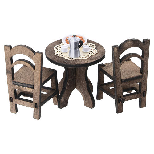 Kaffeetisch-Set aus Holz mit zwei Stühlen, 6 × 4,5 × 3 cm, für 10 cm Krippe, neapolitanischer Stil 5