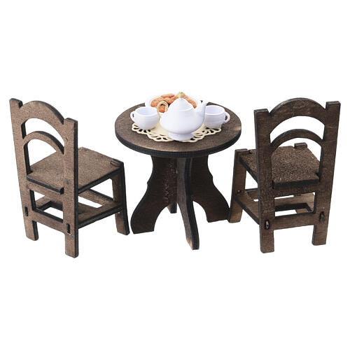 Conjunto de mesa de chá com cadeiras em madeira 7x6x3,5 cm para presépio napolitano 12 cm 5