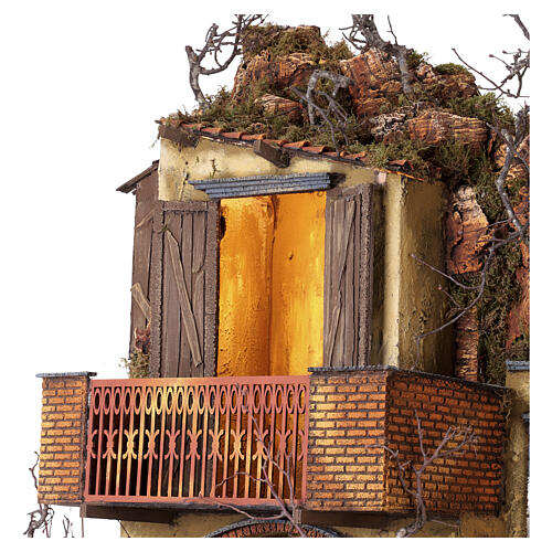Aldeia monumental iluminada com fontanário e cozinha 140x80x60 cm para figuras 24-30 cm 9