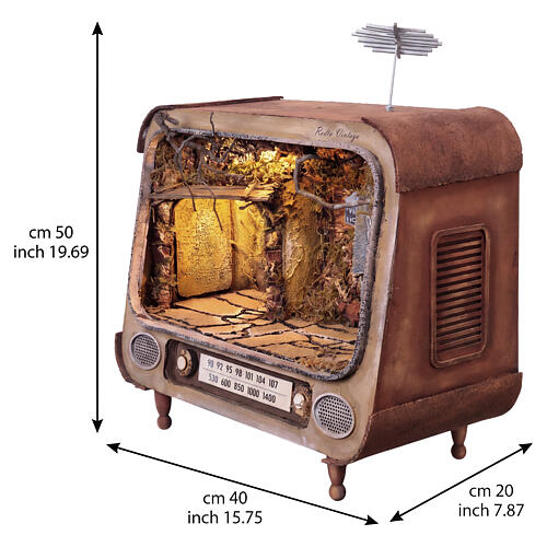 Cenário em rádio vintage com bairro iluminado 50x42x20 cm para presépio napolitano 7-10 cm 3