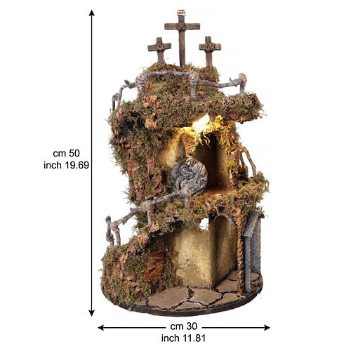 Presepe Pasquale napoletano 6-8 cm circolare con borgo illuminato e tre croci 50x30 cm 3