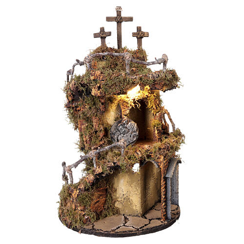 Presepe Pasquale napoletano 6-8 cm circolare con borgo illuminato e tre croci 50x30 cm 4