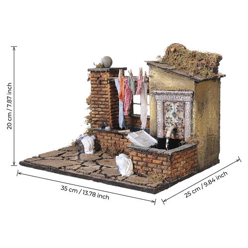 Village avec linge étendu et fontaine fonctionnelle 20x35x25 cm crèche napolitaine 12 cm 2