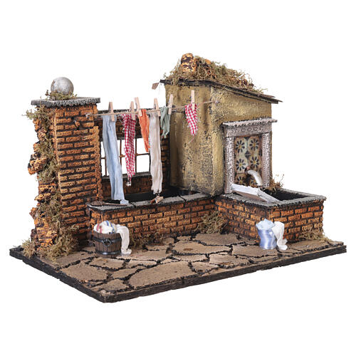 Borgo con bucato steso e fontana funzionante 20x35x25 cm presepe napoletano 12 cm 5