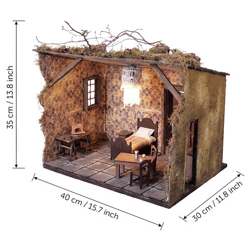 Interior house scene with illuminated bedroom for 12 cm Neapolitan Nativity Scene, 35x40x30 cm 2