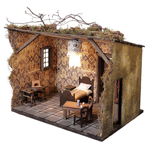 Interior house scene with illuminated bedroom for 12 cm Neapolitan Nativity Scene, 35x40x30 cm 4