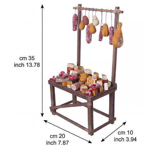 Banco salumeria in legno con prodotti appesi 35x20x10 cm presepe napoletano 24-30 cm 2