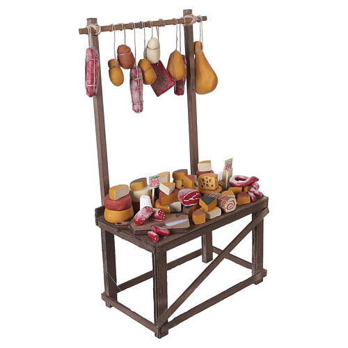 Banco salumeria in legno con prodotti appesi 35x20x10 cm presepe napoletano 24-30 cm 4