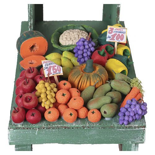 Banco mercato con frutta e verdura in terracotta 30x10x20 cm presepe napoletano 24-30 cm 2