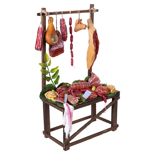 Wooden butcher stall with hanging meats, 35x20x10 cm, for 24-30 cm Neapolitan Nativity Scene 4