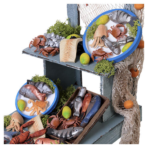 Banco pescivendolo con pesci dipinti a mano 30x10x20 cm presepe napoletano 24-30 cm 2