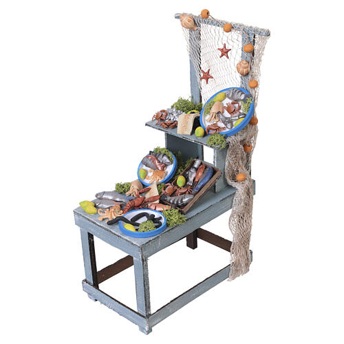 Banco pescivendolo con pesci dipinti a mano 30x10x20 cm presepe napoletano 24-30 cm 5