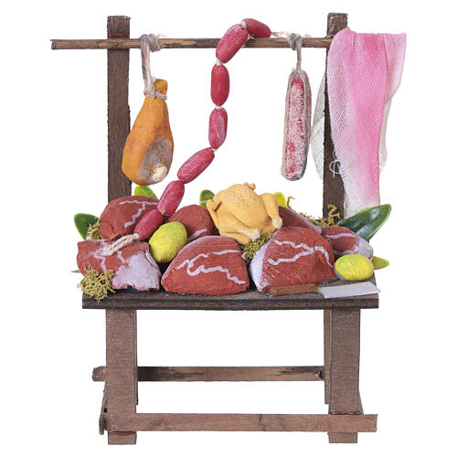 Wooden meat stall with terracotta products, 10x10x5 cm, for 10 cm Neapolitan Nativity Scene 1