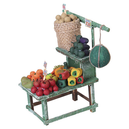 Banco frutta in legno verde con ortaggi in terracotta 10x5x10 cm presepe napoletano 10 cm 3