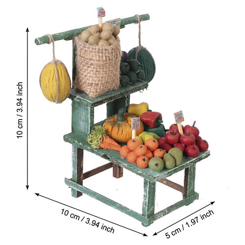 Banca de fruta em madeira verde com legumes em terracota 12x5x8 cm presépio napolitano 10 cm 2