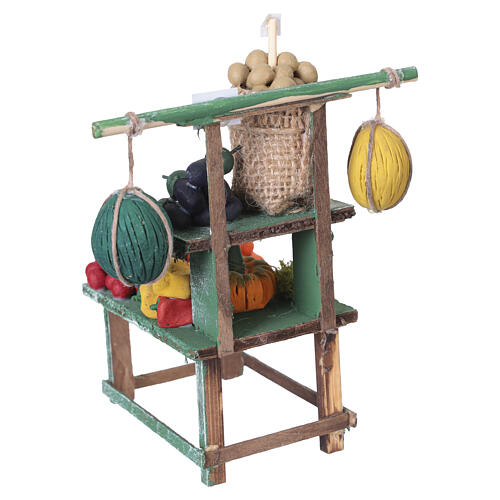 Banca de fruta em madeira verde com legumes em terracota 12x5x8 cm presépio napolitano 10 cm 5