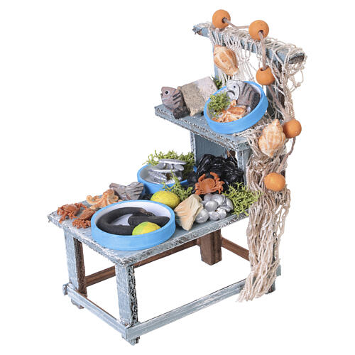 Fischstand aus Holz mit handbemalten Fischen aus Terrakotta 10x5x10 cm für neapolitanische Krippe mit 10 cm Figuren 4