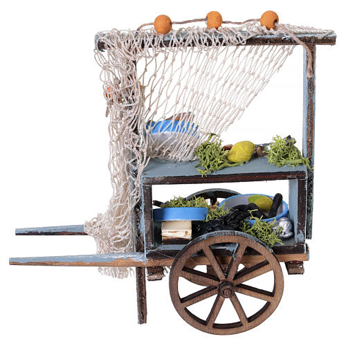 Fischverkaufswagen aus Holz mit handbemalten Fischen aus Terrakotta 15x10x5 cm für neapolitanische Krippe mit 10 cm Figuren 5