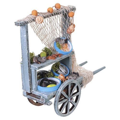 Fish-wagon in wood with hand-painted terracotta, 14x12x5 cm, for 10 cm Neapolitan Nativity Scene 4